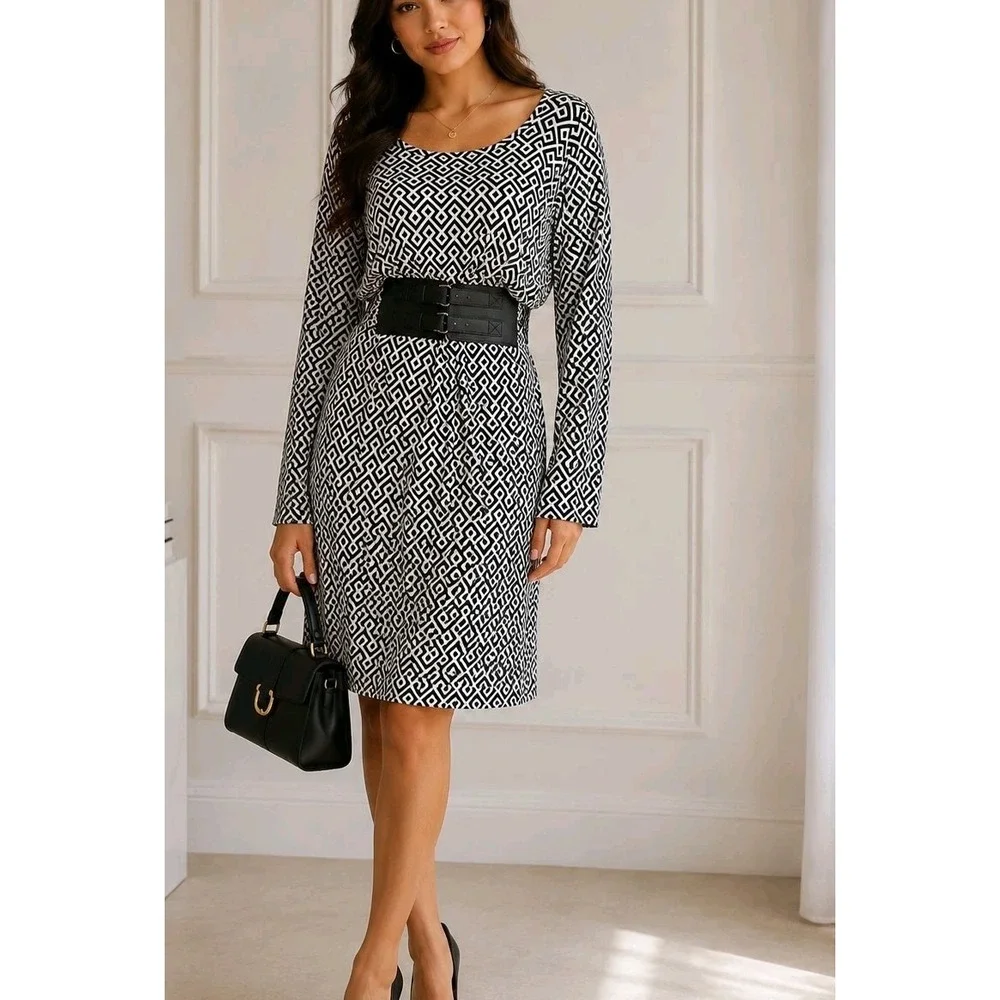 Michael Kors Belted Geometric Shift Dress Black White Long Sleeve Size S